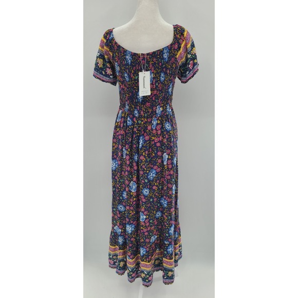 Babydoll Bohemian Western Maxi Dress M Floral Flounce Smocked Ruched Blue NWT - Picture 3 of 13